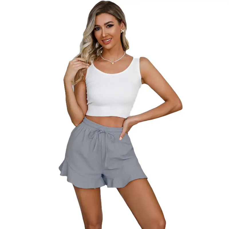 Women Cotton Linen Shorts Ruffled Elastic Waist Drawstring — feature 15