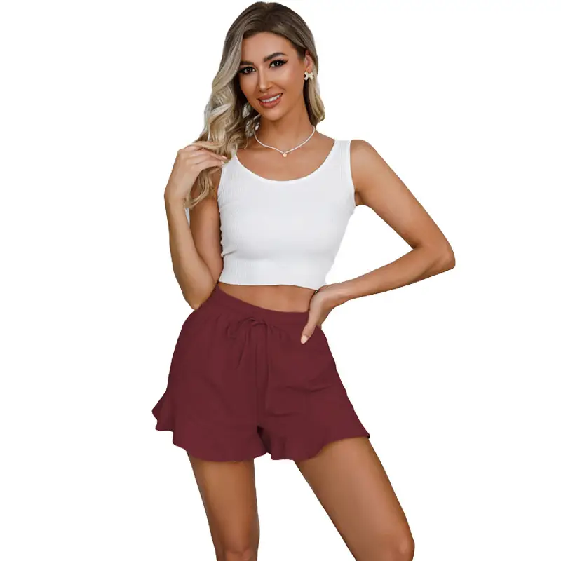 Women Cotton Linen Shorts Ruffled Elastic Waist Drawstring — feature 18