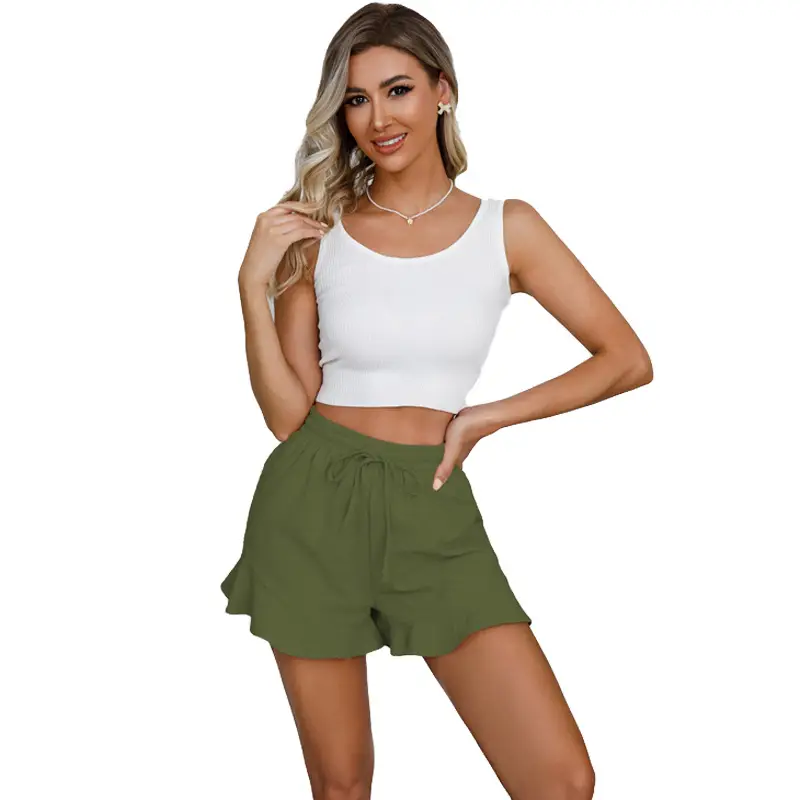 Women Cotton Linen Shorts Ruffled Elastic Waist Drawstring — feature 21