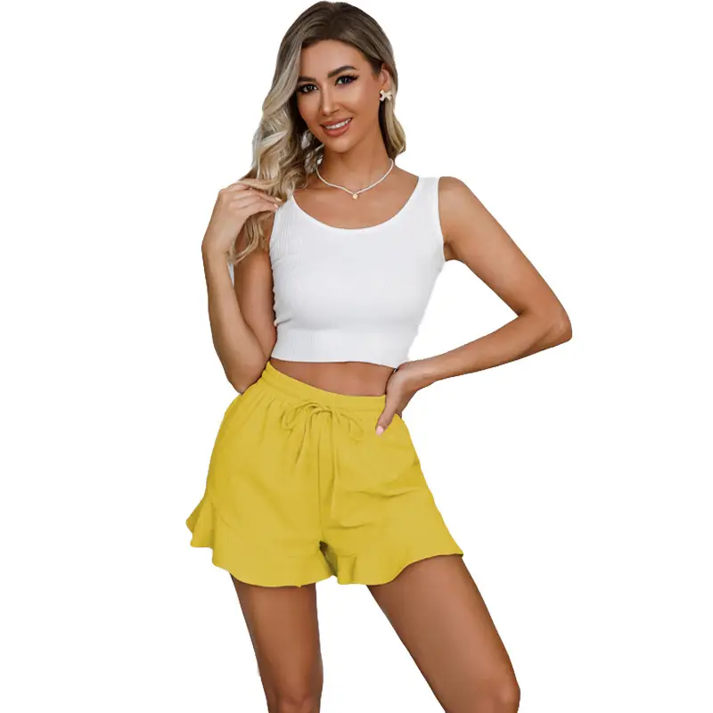 Women Cotton Linen Shorts Ruffled Elastic Waist Drawstring — feature 24