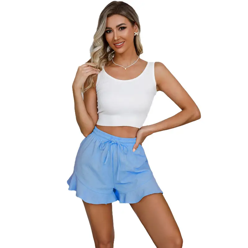 Women Cotton Linen Shorts Ruffled Elastic Waist Drawstring — feature 27