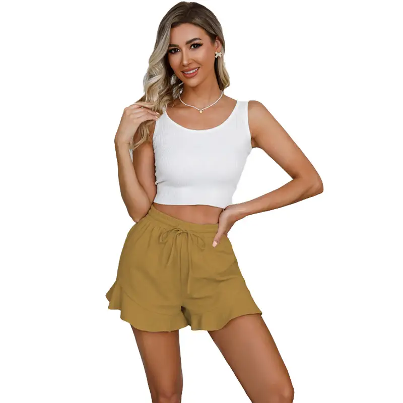 Women Cotton Linen Shorts Ruffled Elastic Waist Drawstring — feature 33