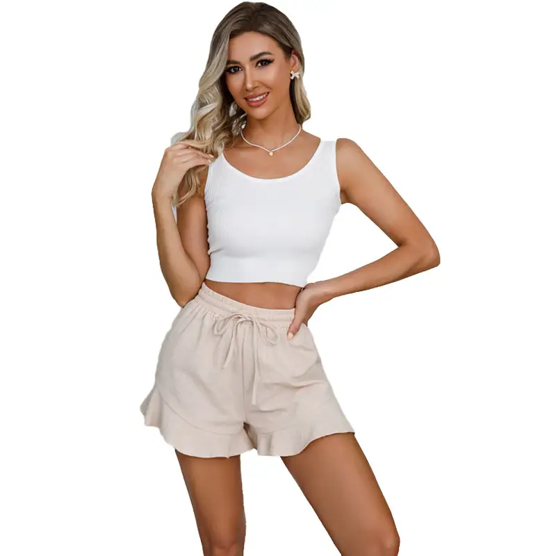 Women Cotton Linen Shorts Ruffled Elastic Waist Drawstring — feature 36
