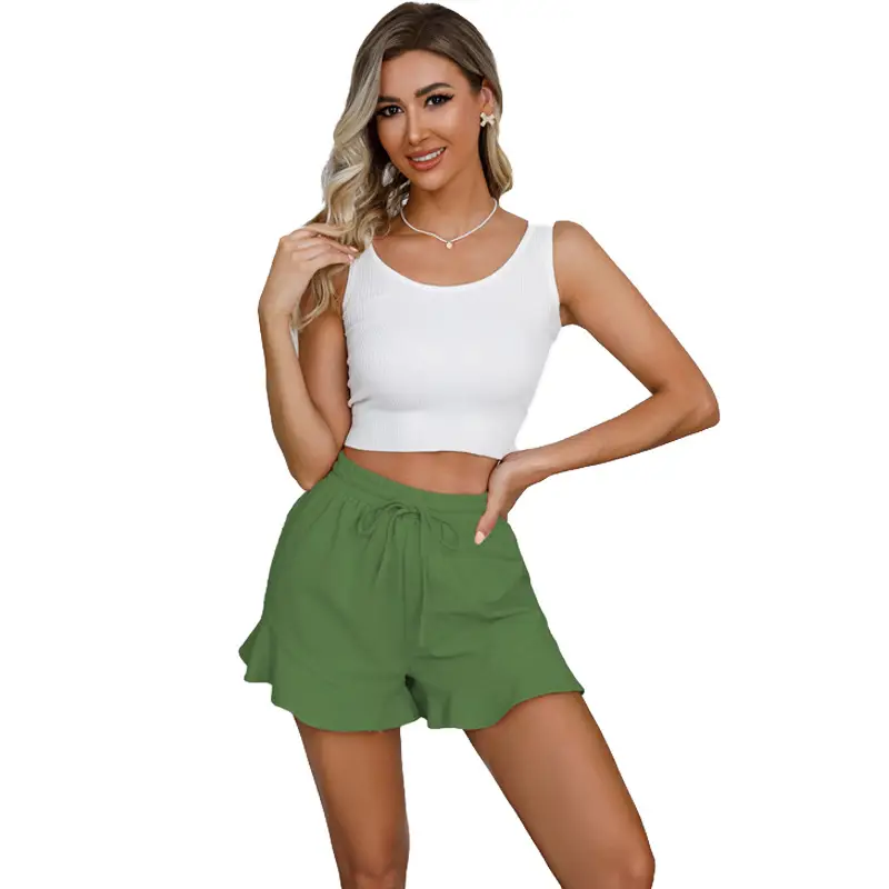 Women Cotton Linen Shorts Ruffled Elastic Waist Drawstring — feature 6
