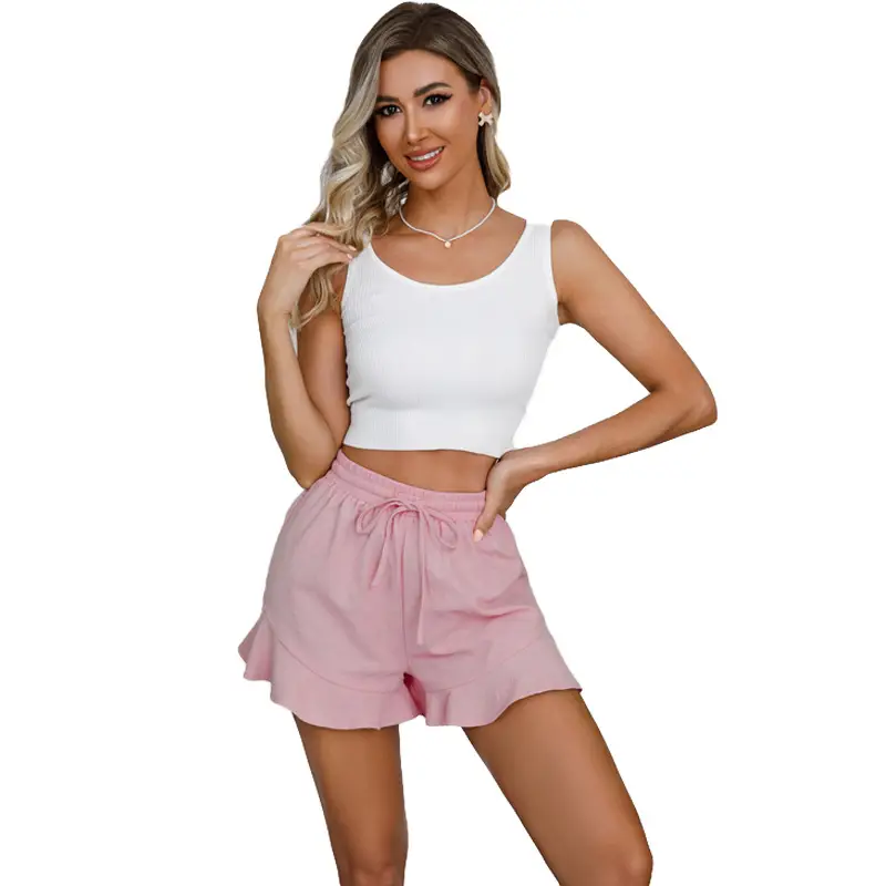 Women Cotton Linen Shorts Ruffled Elastic Waist Drawstring — feature 9