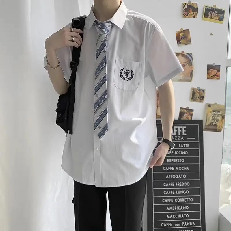 Men Japanese White Short Sleeve College Shirt Summer