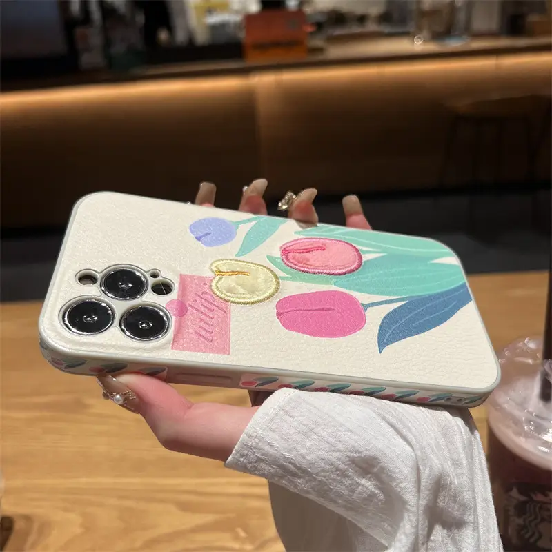 Tulip Embroidered Leather Mobile Case for iPhone 14