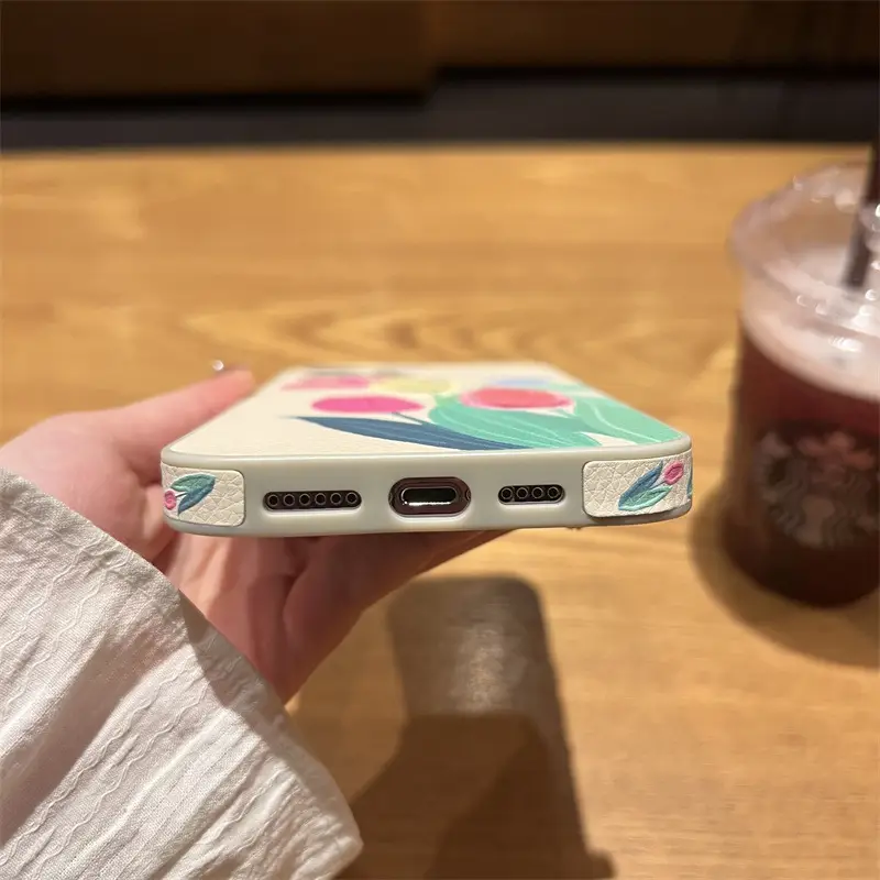 Tulip Embroidered Leather Mobile Case for iPhone 14