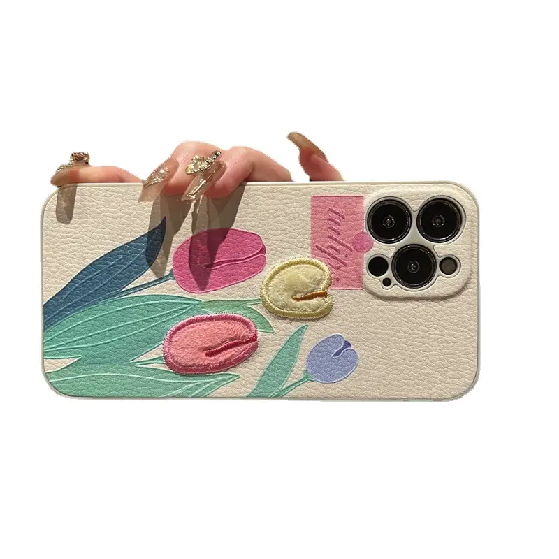 Tulip Embroidered Leather Mobile Case for iPhone 14