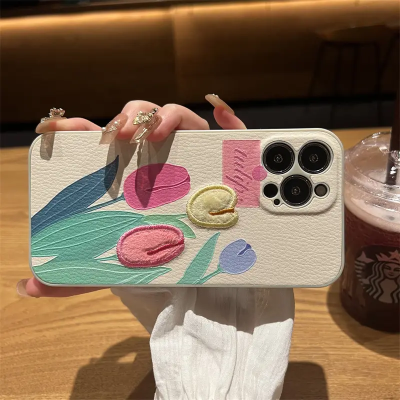 Tulip Embroidered Leather Mobile Case for iPhone 14 — feature 2