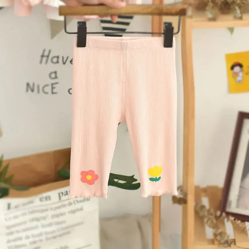 Baby Pink Floral Leggings Slim Fit Girls Capri Pants - Image 4