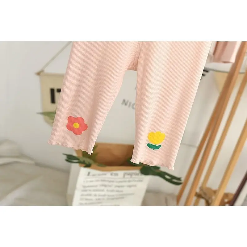 Baby Pink Floral Leggings Slim Fit Girls Capri Pants - Image 5