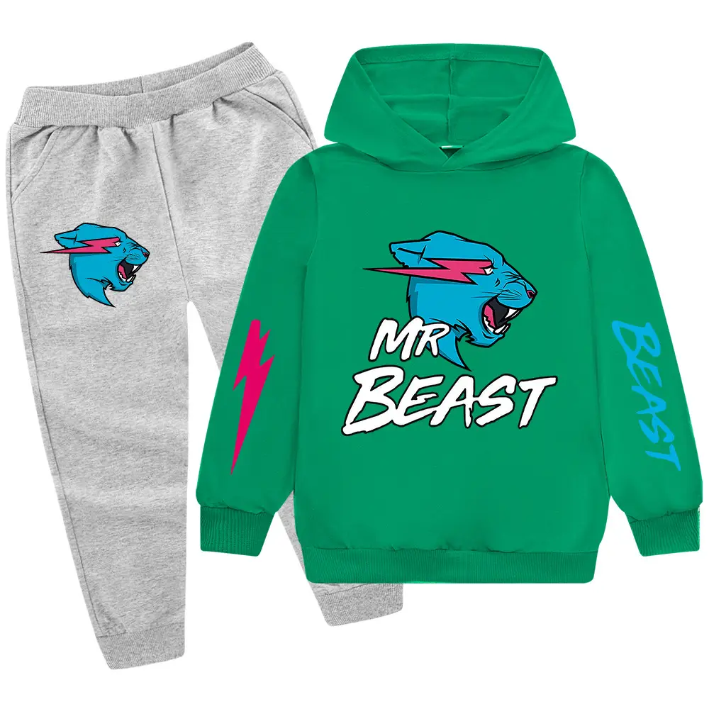 Kids Hoodie Sweatshirt Set Green Black Mr Beast Cartoon - Image 13