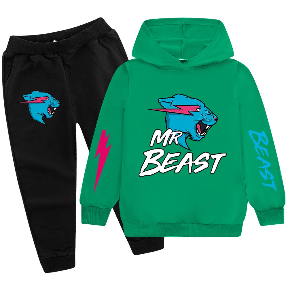 Kids Hoodie Sweatshirt Set Green Black Mr Beast Cartoon - Image 10