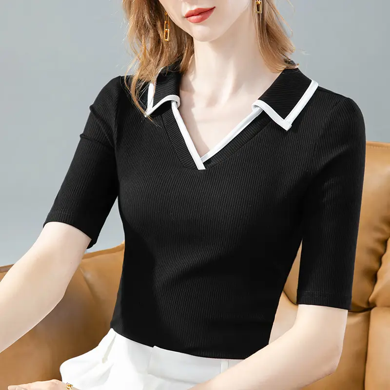 Women Black Polo Collar T-Shirt Mid Sleeve Modal - Image 5