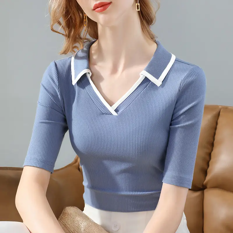 Women Black Polo Collar T-Shirt Mid Sleeve Modal - Image 6