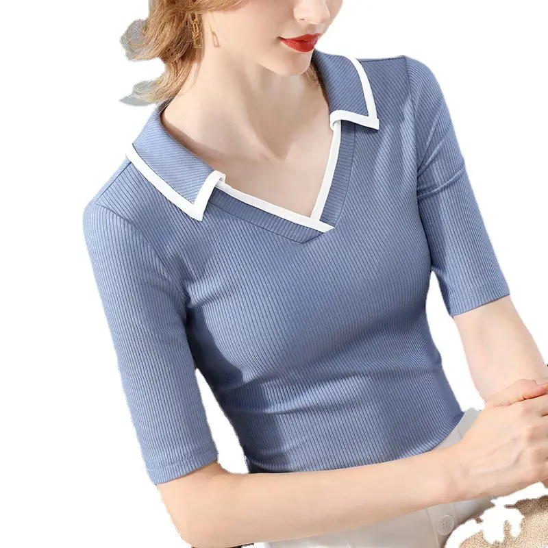 Women Black Polo Collar T-Shirt Mid Sleeve Modal - Image 7