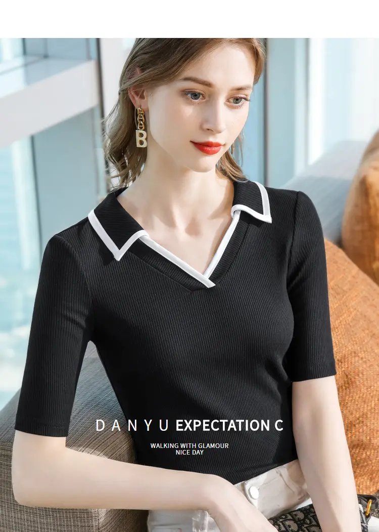 Women Black Polo Collar T-Shirt Mid Sleeve Modal — feature 1