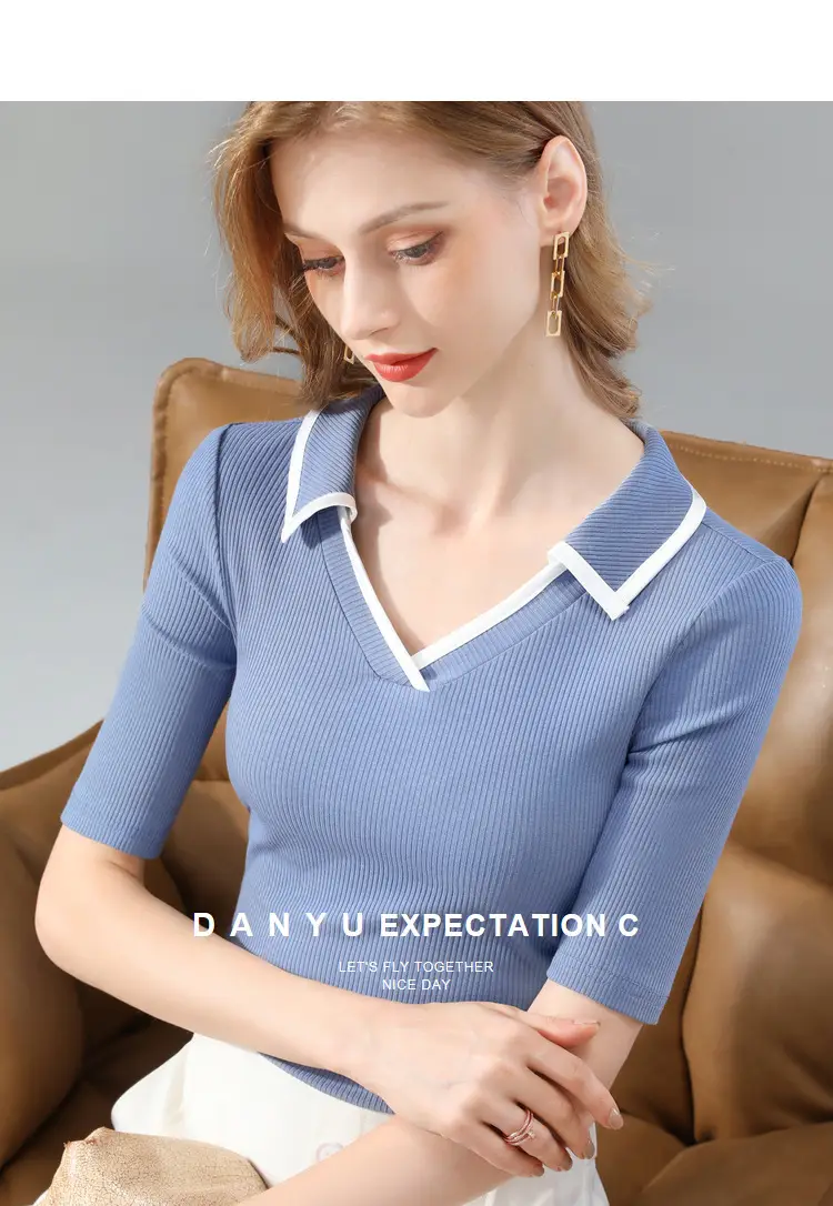 Women Black Polo Collar T-Shirt Mid Sleeve Modal — feature 10