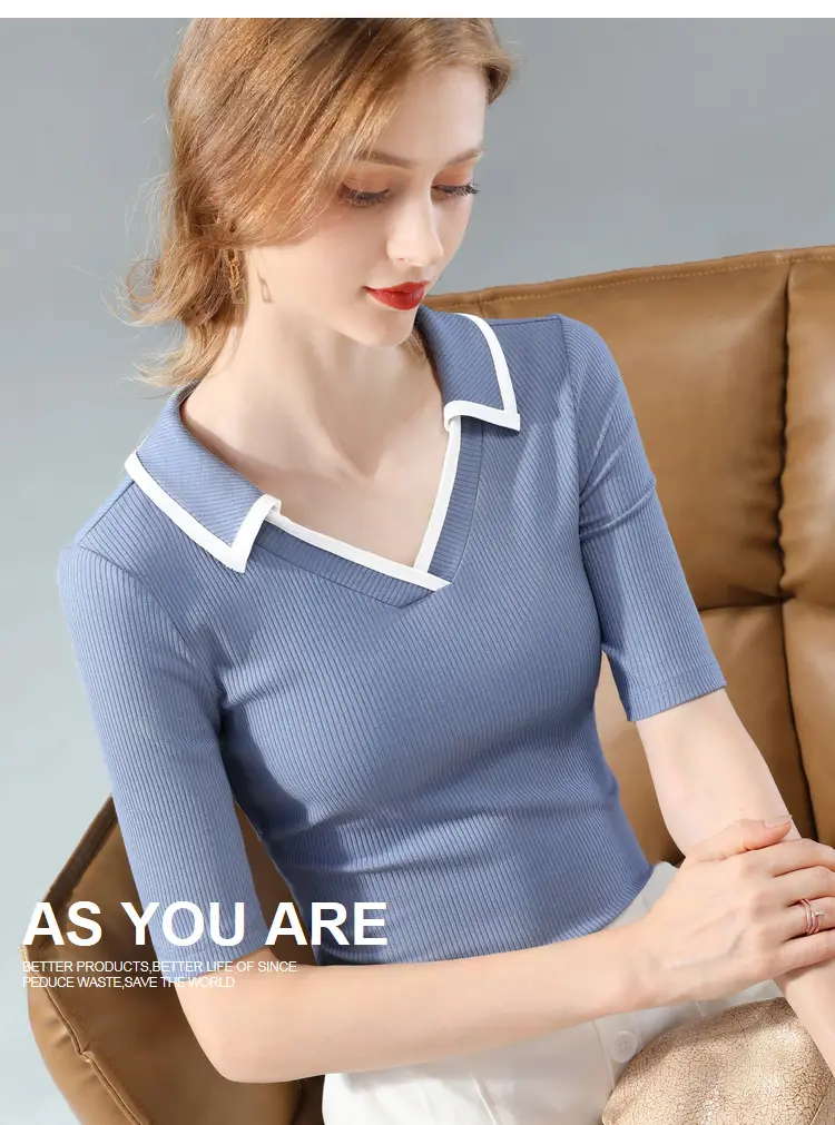 Women Black Polo Collar T-Shirt Mid Sleeve Modal — feature 11