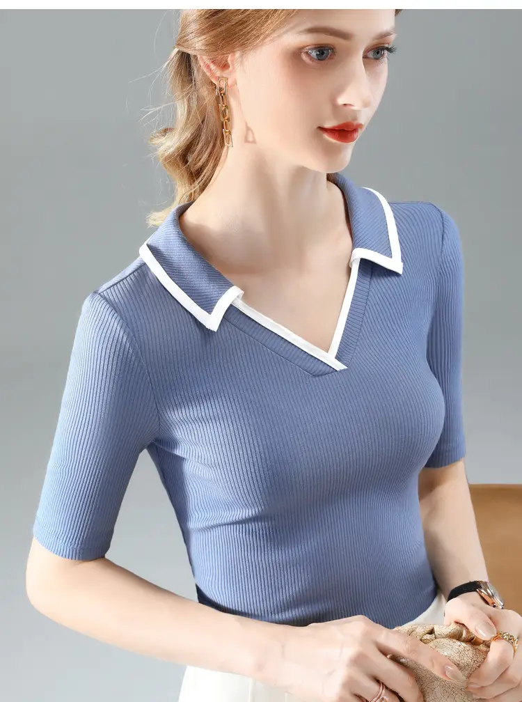 Women Black Polo Collar T-Shirt Mid Sleeve Modal — feature 12