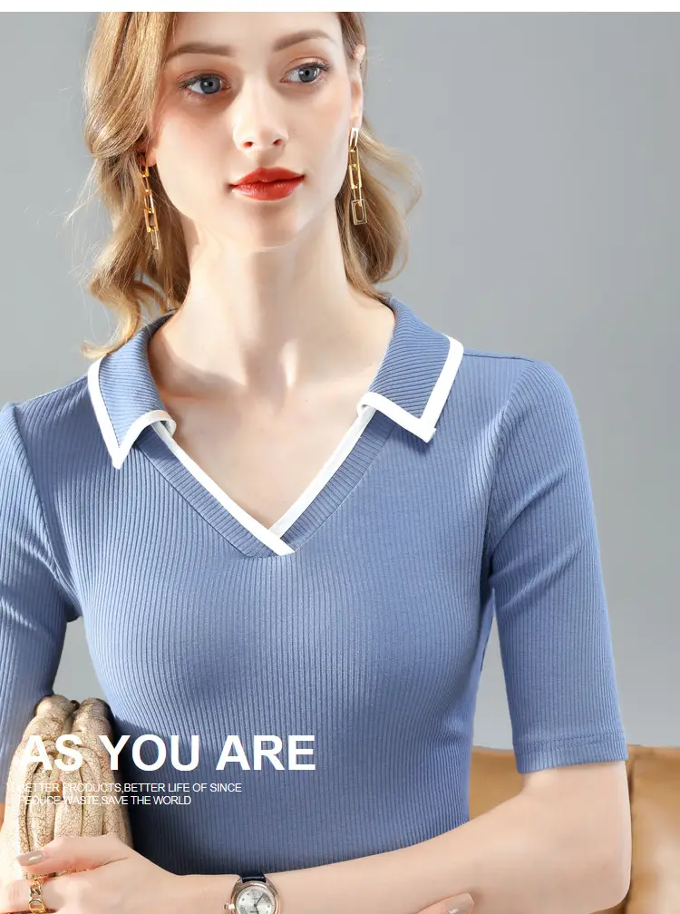 Women Black Polo Collar T-Shirt Mid Sleeve Modal — feature 14