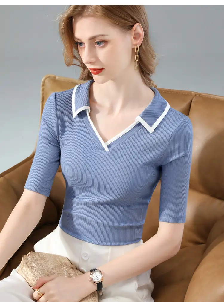 Women Black Polo Collar T-Shirt Mid Sleeve Modal — feature 15
