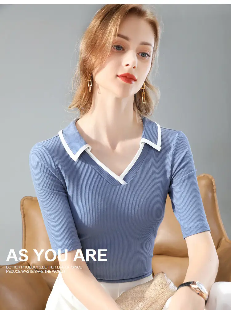 Women Black Polo Collar T-Shirt Mid Sleeve Modal — feature 16