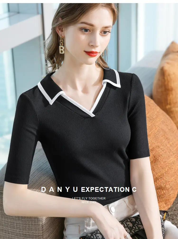 Women Black Polo Collar T-Shirt Mid Sleeve Modal — feature 17