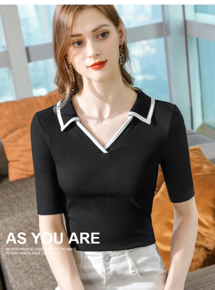 Women Black Polo Collar T-Shirt Mid Sleeve Modal — feature 18