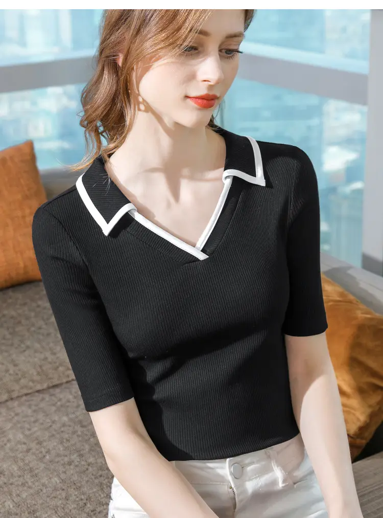 Women Black Polo Collar T-Shirt Mid Sleeve Modal — feature 19