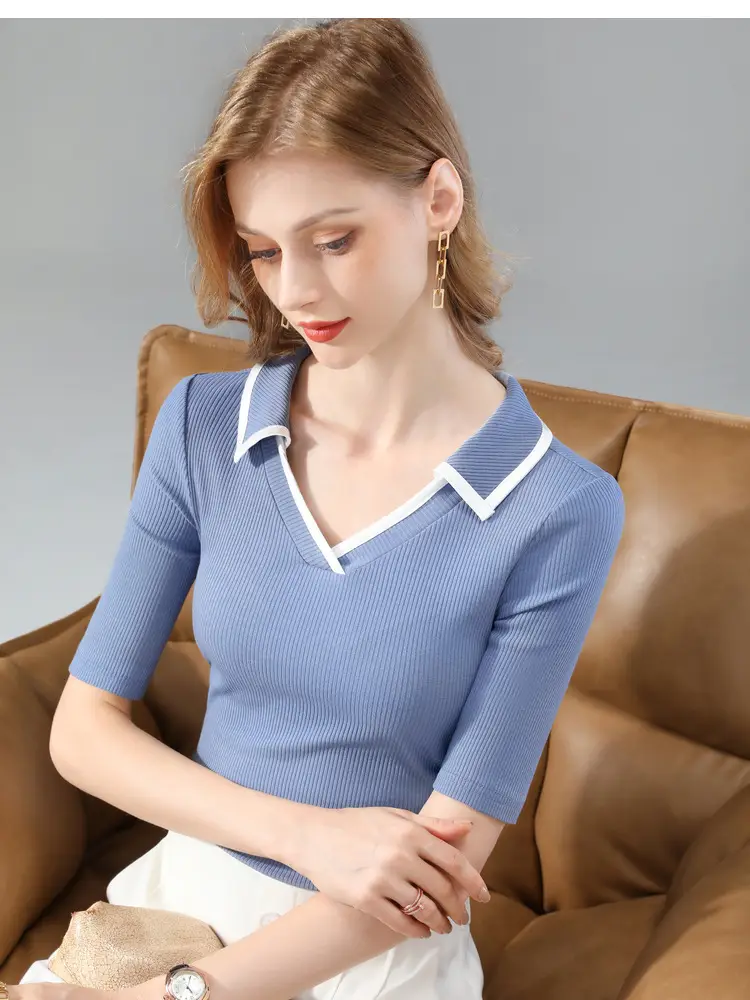 Women Black Polo Collar T-Shirt Mid Sleeve Modal — feature 2