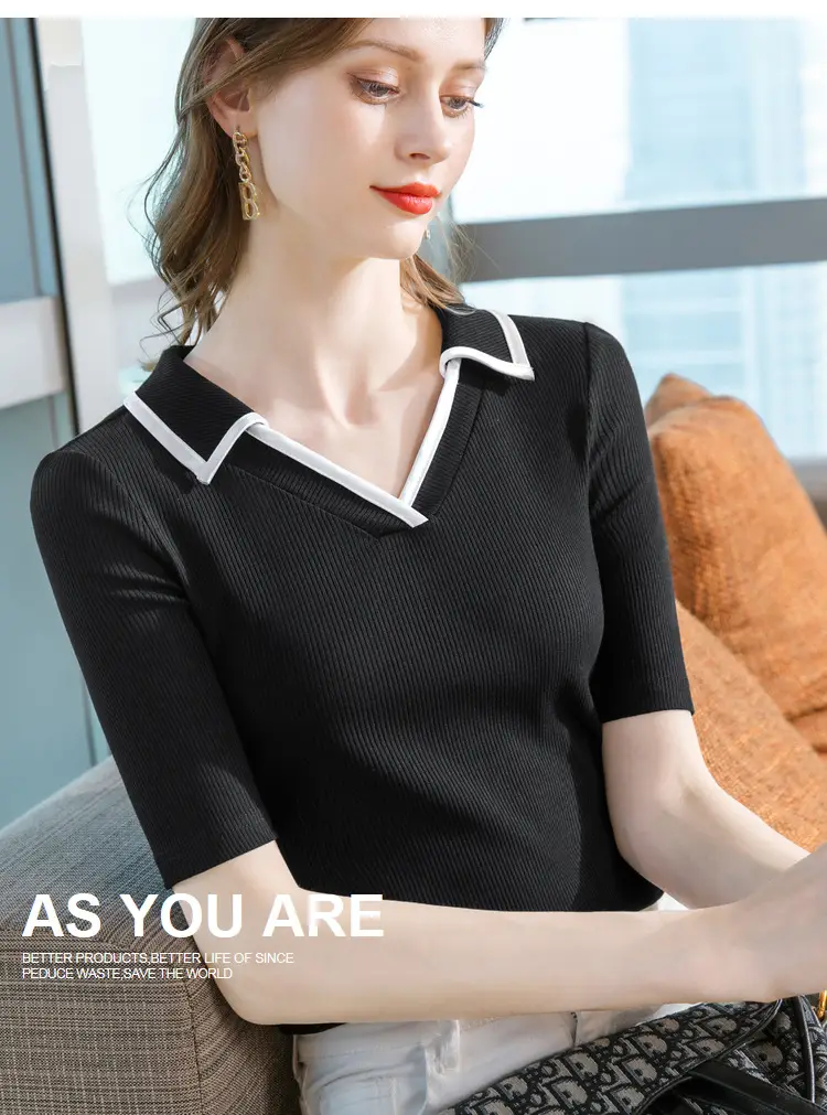 Women Black Polo Collar T-Shirt Mid Sleeve Modal — feature 20