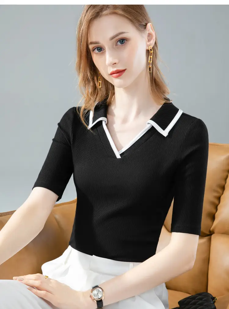 Women Black Polo Collar T-Shirt Mid Sleeve Modal — feature 21