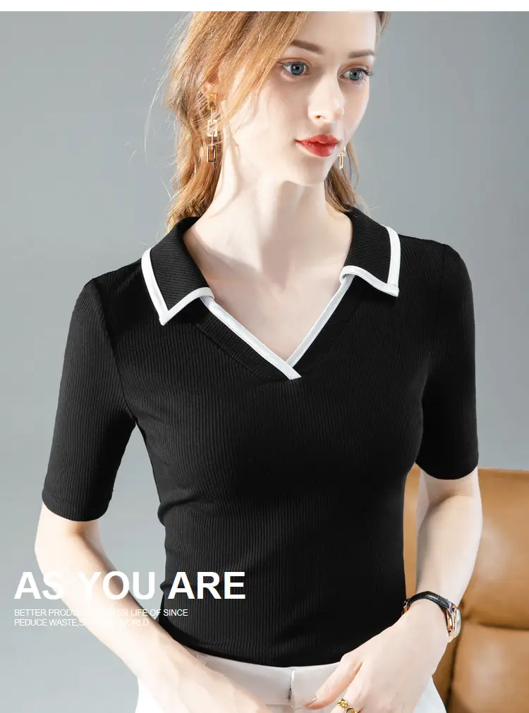 Women Black Polo Collar T-Shirt Mid Sleeve Modal — feature 22