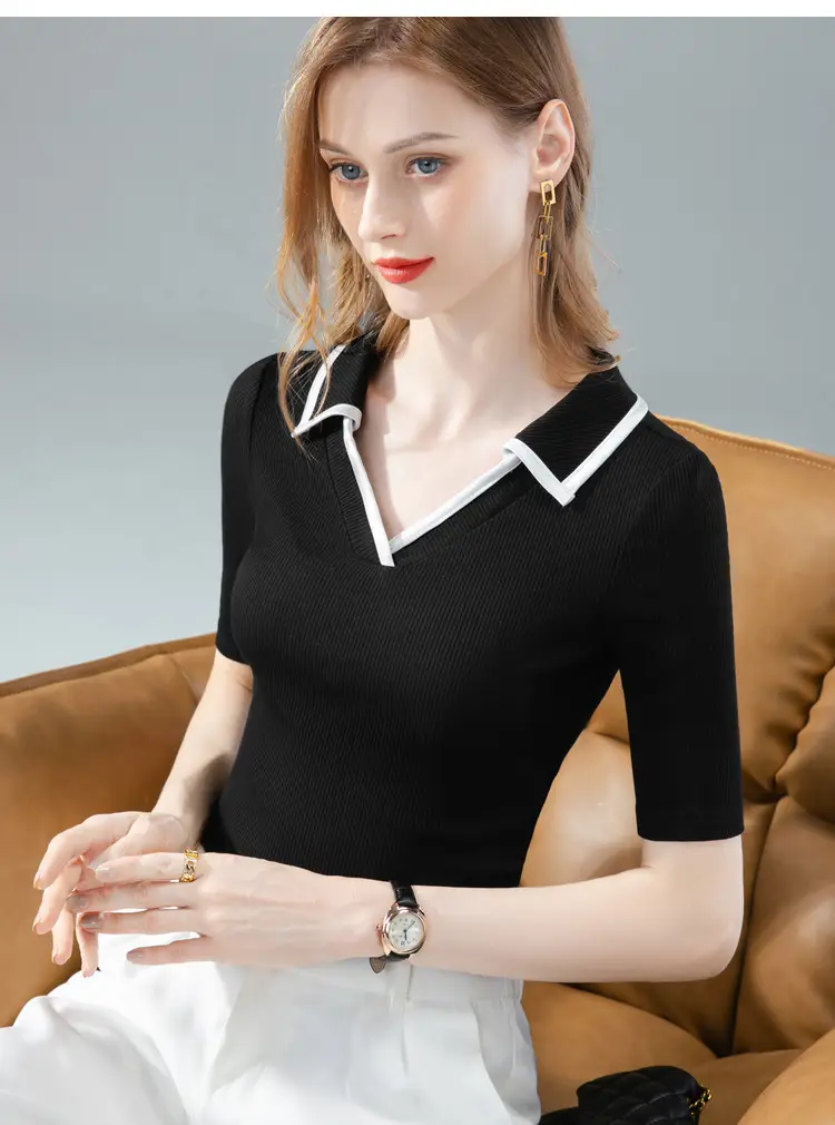 Women Black Polo Collar T-Shirt Mid Sleeve Modal — feature 23