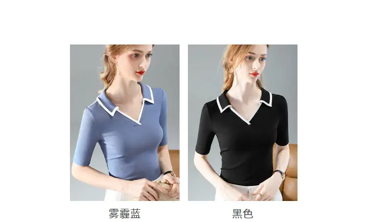 Women Black Polo Collar T-Shirt Mid Sleeve Modal — feature 4