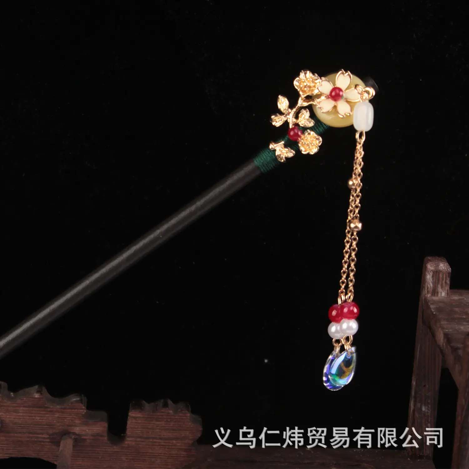 Women's New Chinese Wooden Hairpin Green Flower Drop - Image 13