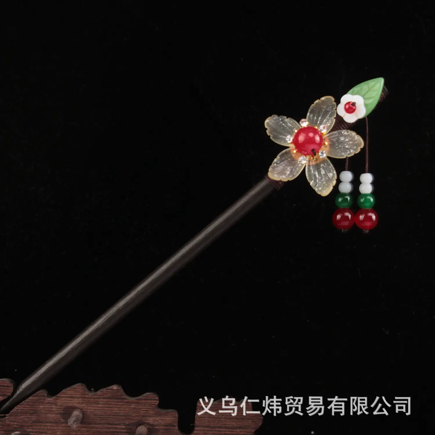 Women's New Chinese Wooden Hairpin Green Flower Drop - Image 14