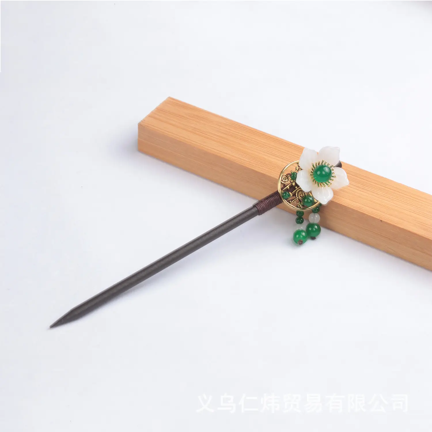 Women's New Chinese Wooden Hairpin Green Flower Drop - Image 16