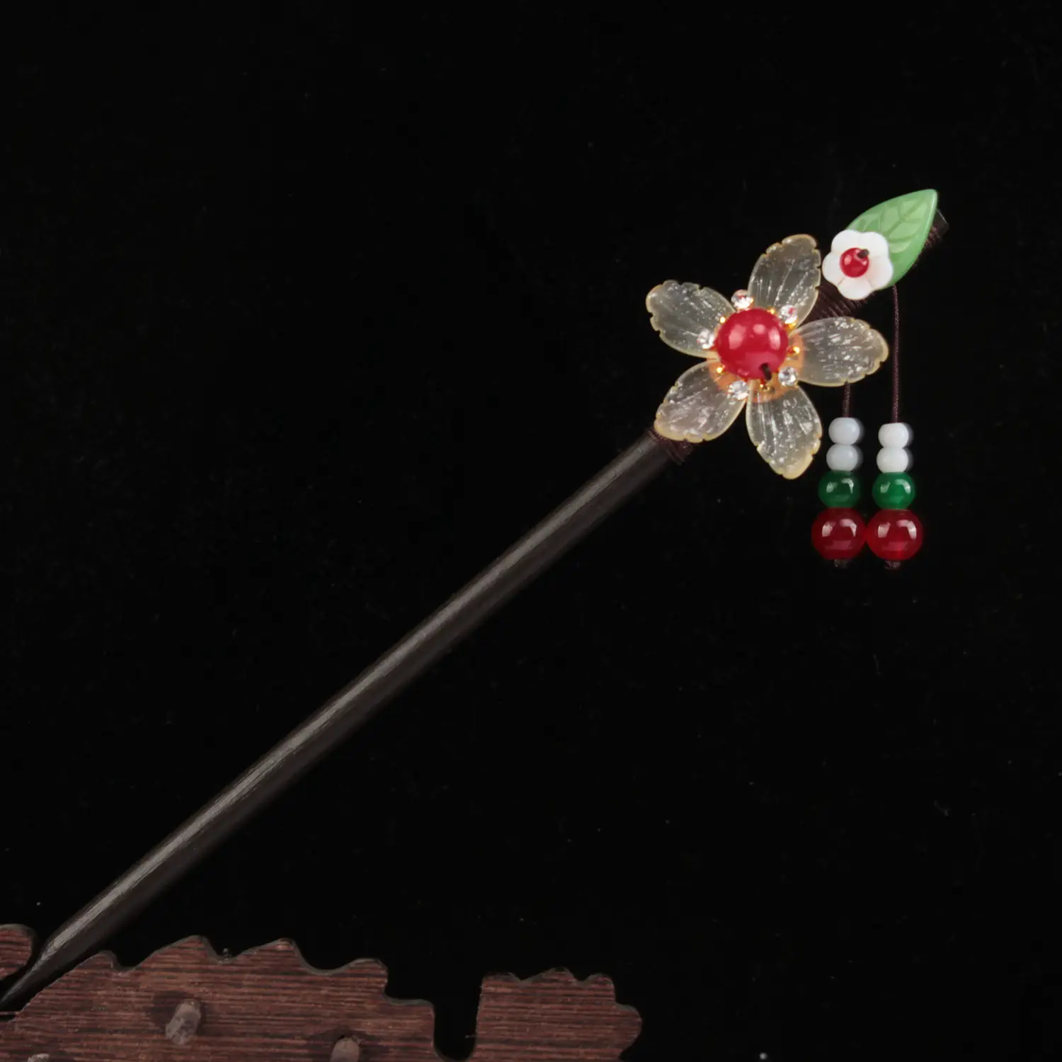 Women's New Chinese Wooden Hairpin Green Flower Drop — feature 5