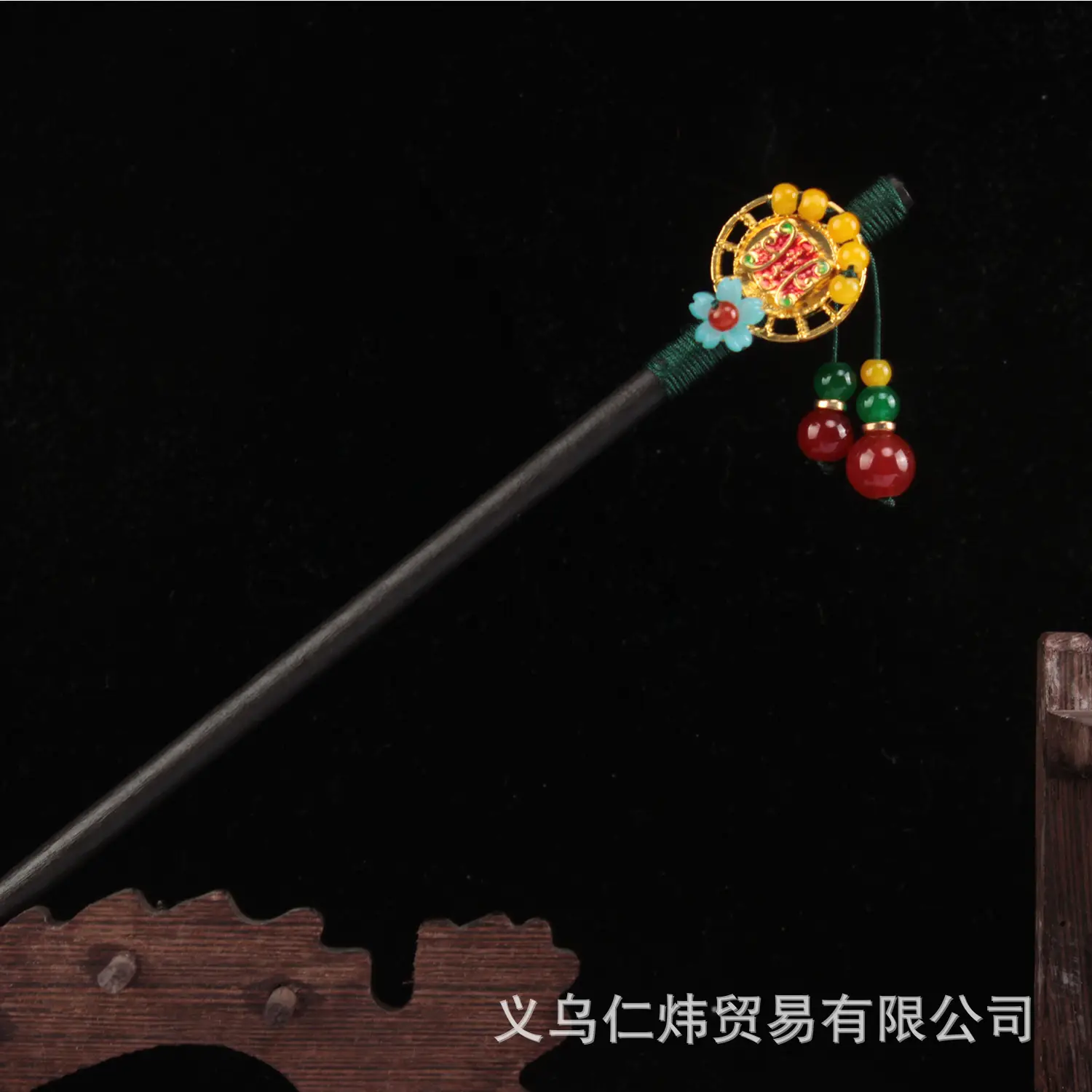 Women's New Chinese Wooden Hairpin Green Flower Drop - Image 3
