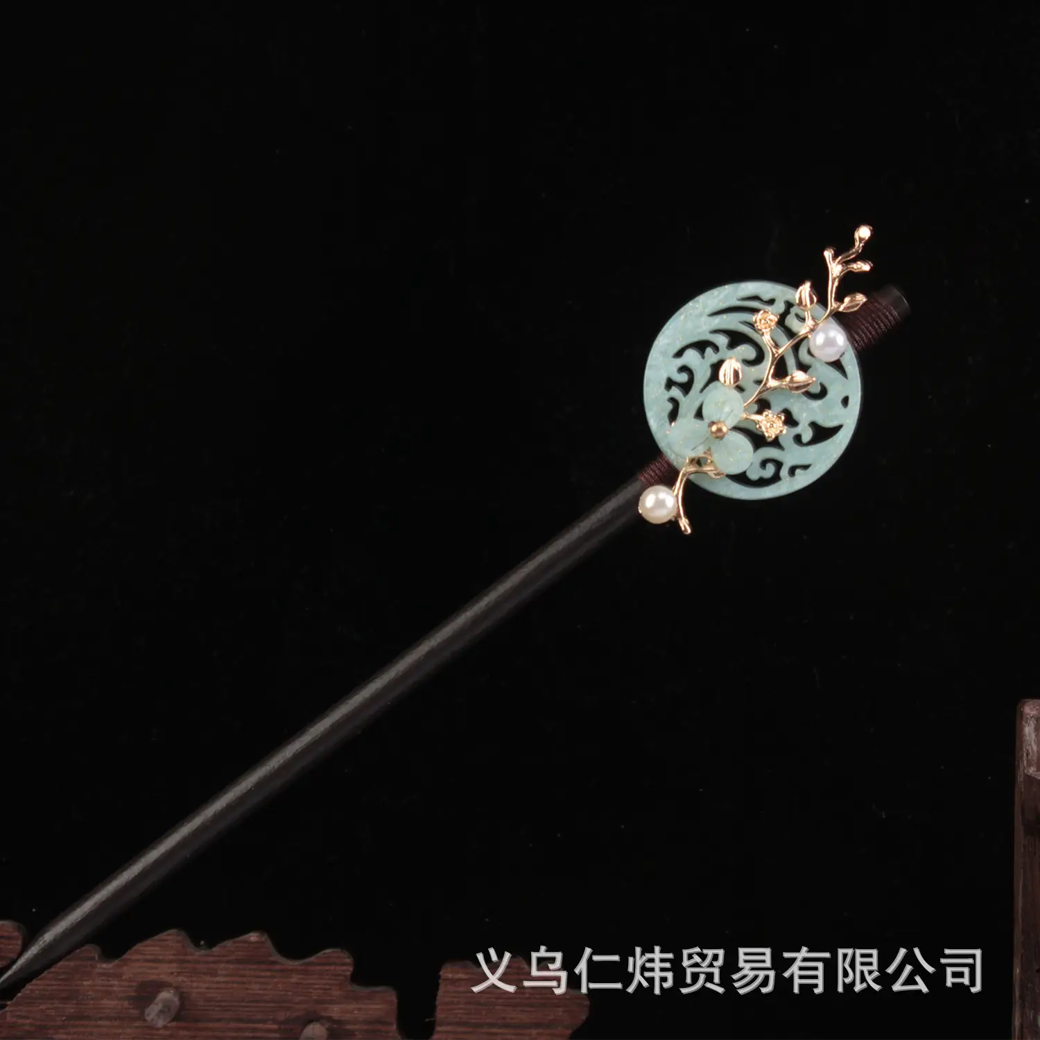 Women's New Chinese Wooden Hairpin Green Flower Drop - Image 6
