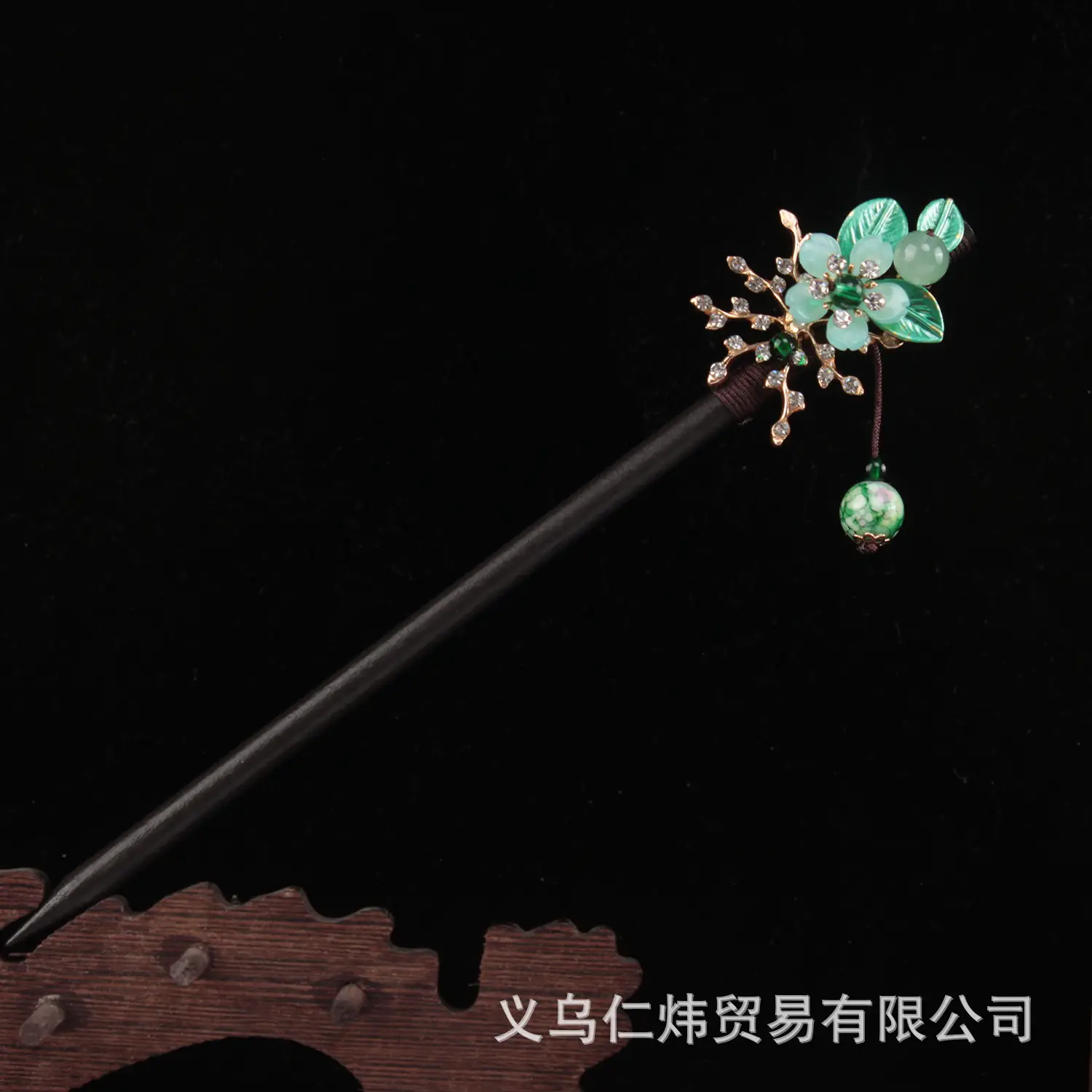 Women's New Chinese Wooden Hairpin Green Flower Drop - Image 8