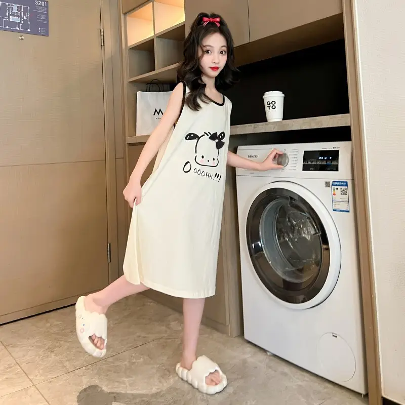 Girls Cotton Sleeveless Nightgown with Dog Cartoon Print - Image 3
