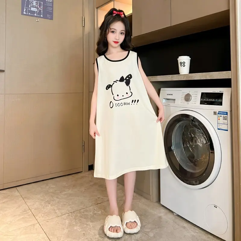 Girls Cotton Sleeveless Nightgown with Dog Cartoon Print - Image 4