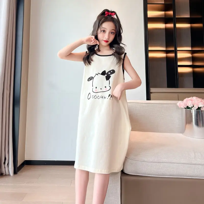 Girls Cotton Sleeveless Nightgown with Dog Cartoon Print - Image 5