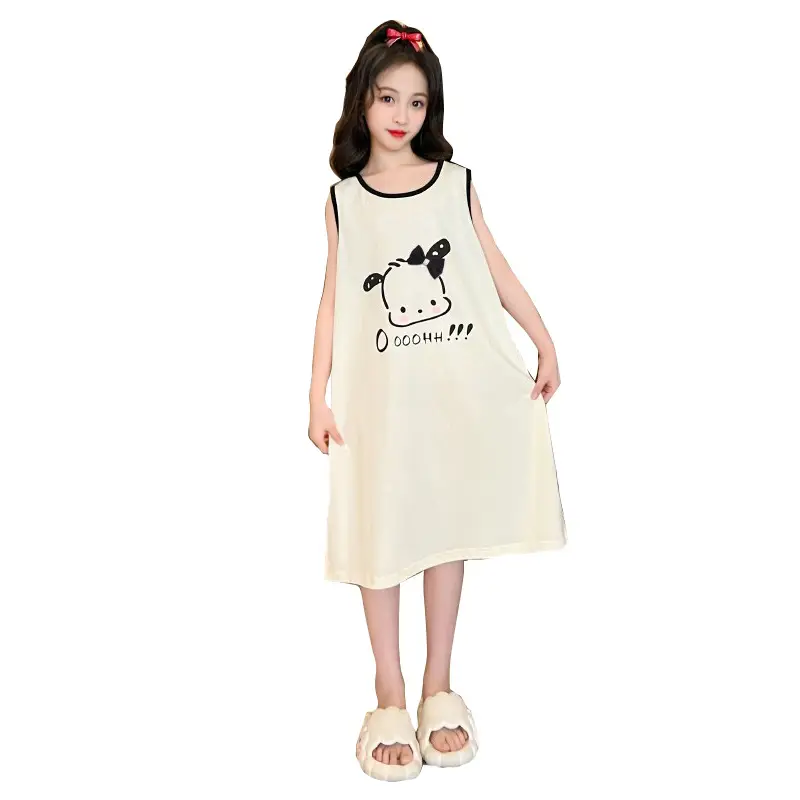 Girls Cotton Sleeveless Nightgown with Dog Cartoon Print - Image 6