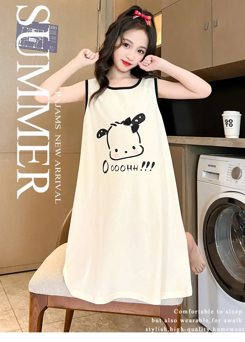 Girls Cotton Sleeveless Nightgown with Dog Cartoon Print — feature 2