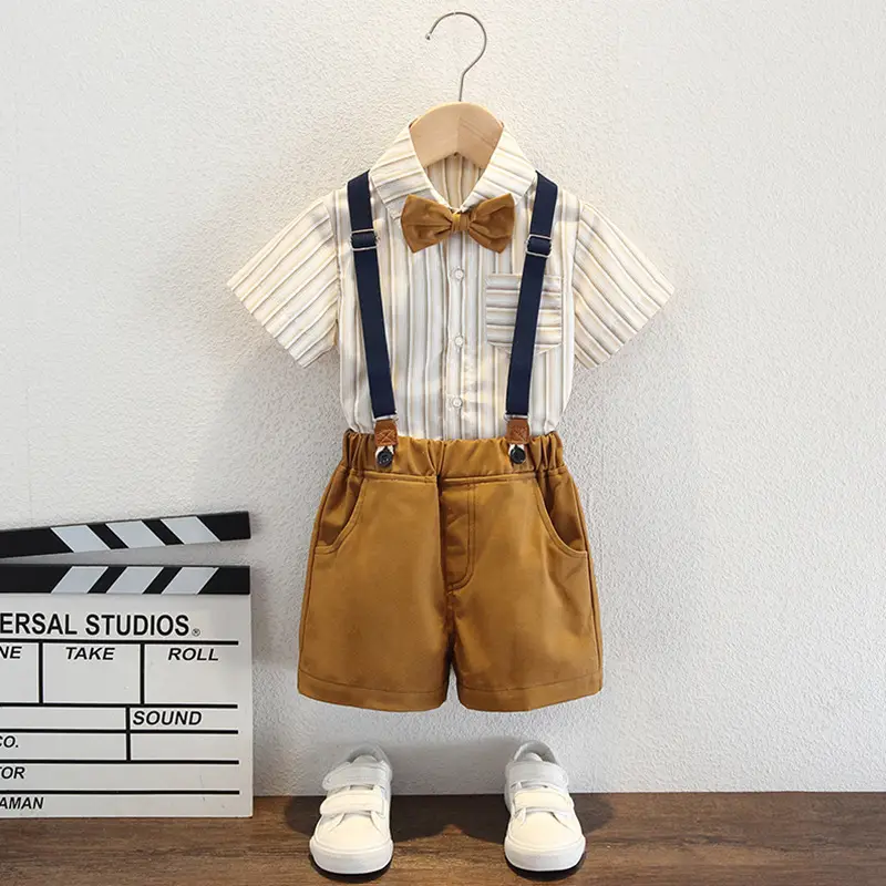 Boys Three-Piece Suit Brown Overalls with Bow Tie - Image 3